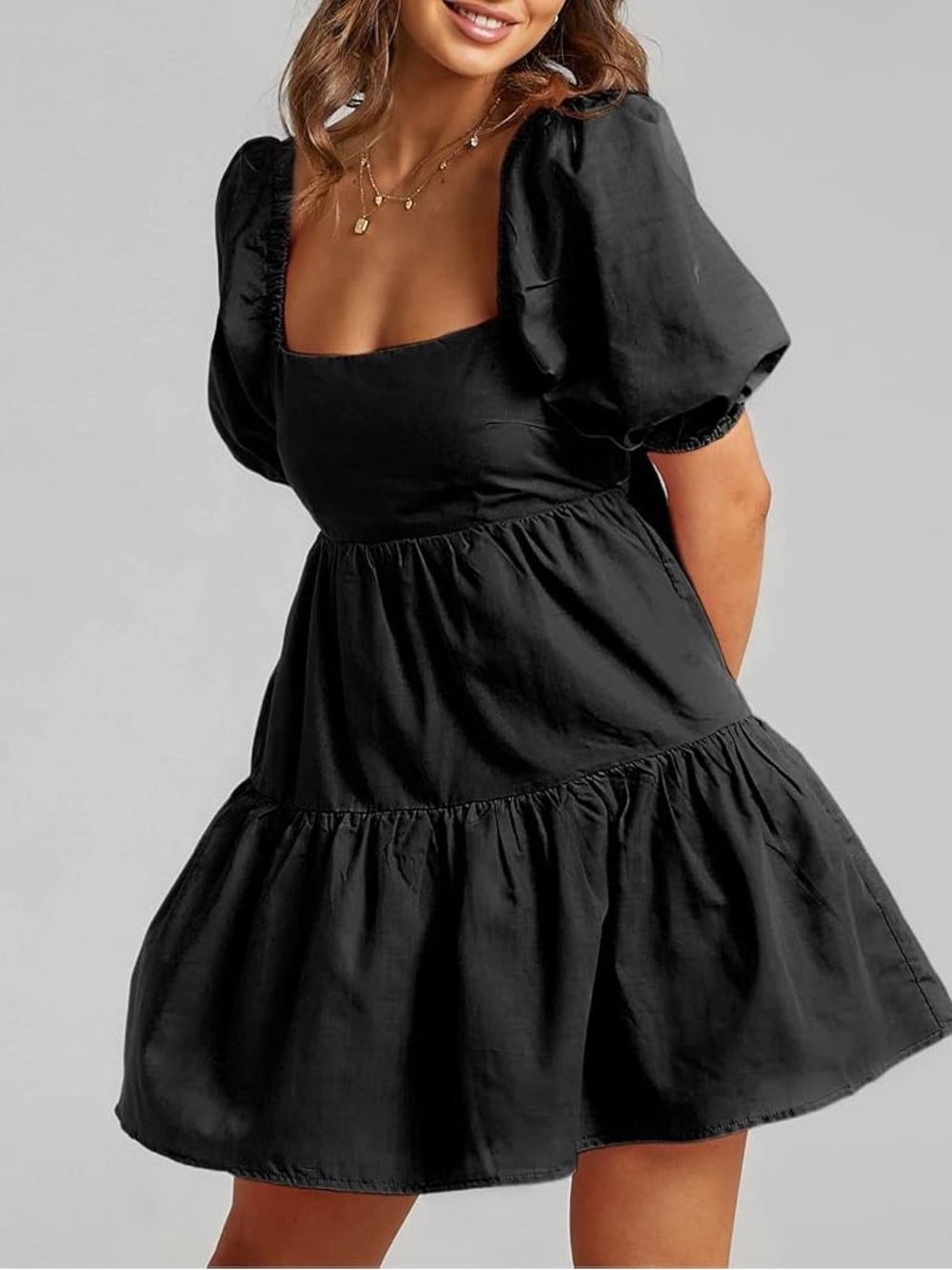 Black Puff-Sleeve Square Neck Women's Top